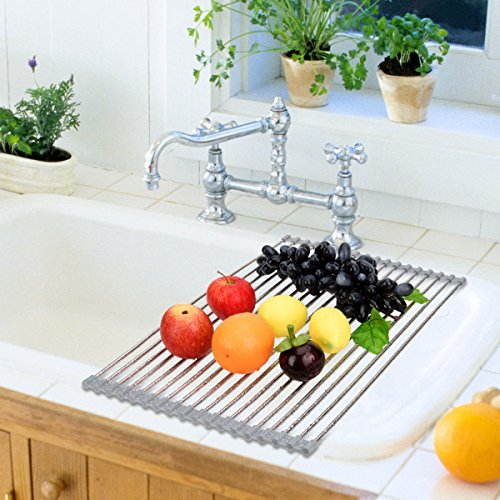 Hhyn Roll-Up Sink Drying Rack 17.7"(L) x 13.8"(W) - Multipurpose Heat Resistant Over The Stainless Steel & Silicone Dish Rollable Kitchen Drainer, Gray - My Kitchen Products