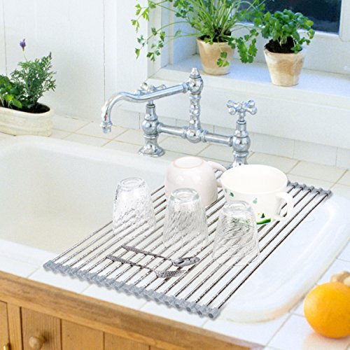 Hhyn Roll-Up Sink Drying Rack 17.7"(L) x 13.8"(W) - Multipurpose Heat Resistant Over The Stainless Steel & Silicone Dish Rollable Kitchen Drainer, Gray - My Kitchen Products