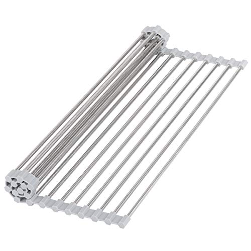Hhyn Roll-Up Sink Drying Rack 17.7"(L) x 13.8"(W) - Multipurpose Heat Resistant Over The Stainless Steel & Silicone Dish Rollable Kitchen Drainer, Gray - My Kitchen Products