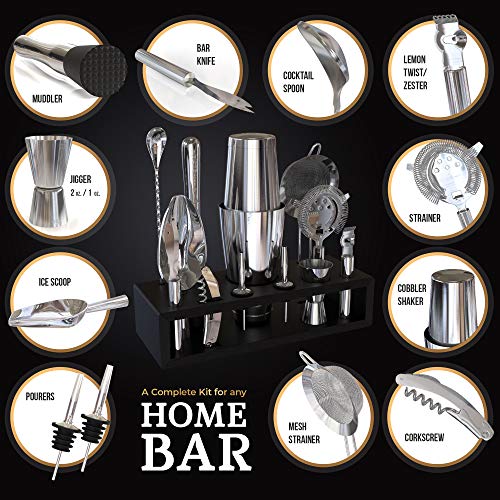 Highball & Chaser 13-Piece Boston Cocktail Shaker Set Stainless Steel Mixology Bartender Kit With Stand For Home Bar Cocktail Set | Laser Engraved Cocktail Tools | Plus E-Book with 30 Cocktail Recipes - My Kitchen Products