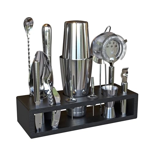 Highball & Chaser 13-Piece Boston Cocktail Shaker Set Stainless Steel Mixology Bartender Kit With Stand For Home Bar