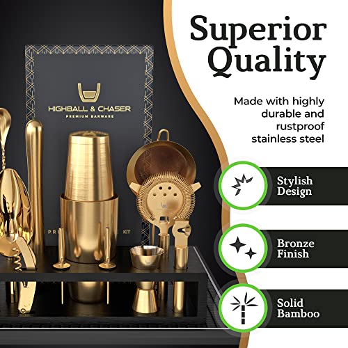 Highball & Chaser Bartender Kit with Black Bamboo Stand Beautiful Cocktail Shaker Set and Bar Tools Stainless Steel Boston Shaker Bartender Kit with Stand (Antique Gold) - My Kitchen Products