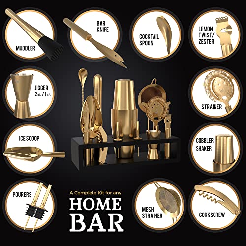 Highball & Chaser Bartender Kit with Black Bamboo Stand Beautiful Cocktail Shaker Set and Bar Tools Stainless Steel Boston Shaker Bartender Kit with Stand (Antique Gold) - My Kitchen Products