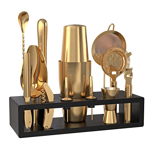Highball & Chaser Bartender Kit with Black Bamboo Stand Beautiful Cocktail Shaker Set and Bar Tools Stainless Steel Boston