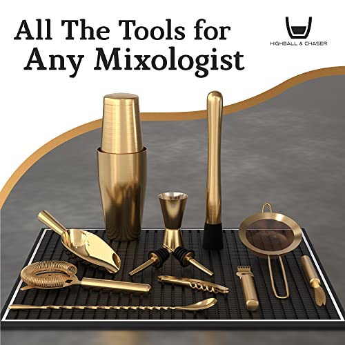 Highball & Chaser Bartender Kit with Black Bamboo Stand Beautiful Cocktail Shaker Set and Bar Tools Stainless Steel Boston Shaker Bartender Kit with Stand (Antique Gold) - My Kitchen Products