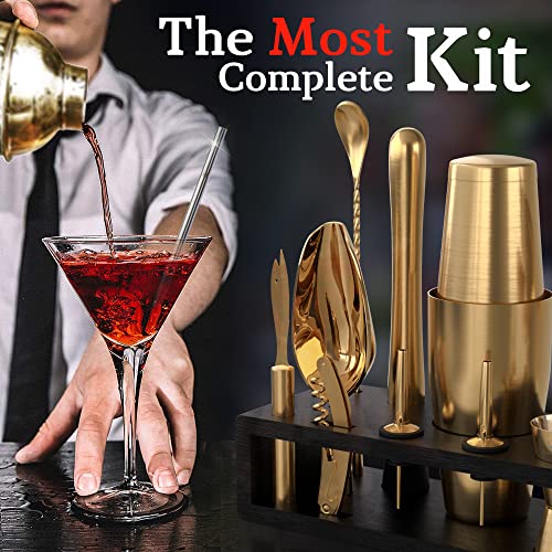 Highball & Chaser Bartender Kit with Black Bamboo Stand Beautiful Cocktail Shaker Set and Bar Tools Stainless Steel Boston Shaker Bartender Kit with Stand (Antique Gold) - My Kitchen Products