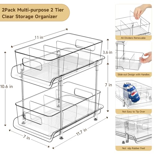 HIHEGD 2-Tier Bathroom Organizer with Dividers, Clear Under Sink and Pull-Out Cabinet Organizer for Kitchen and Pantry Storage - My Kitchen Products