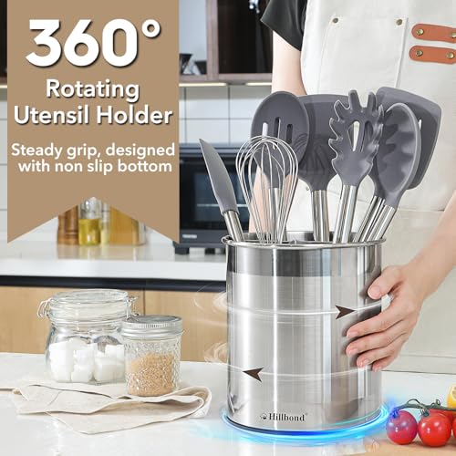 Hillbond 7.5x6.9 Inch EXTRA LARGE Utensil Holder for Countertop, Stainless Steel Rotating Organizer with Removable Divider, Space-Saving for Large Kitchen Utensils Set & Spacious Kitchens - My Kitchen Products