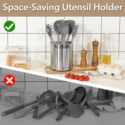 Hillbond 7.5x6.9 Inch EXTRA LARGE Utensil Holder for Countertop, Stainless Steel Rotating Organizer with Removable Divider, Space-Saving for Large Kitchen Utensils Set & Spacious Kitchens - My Kitchen Products