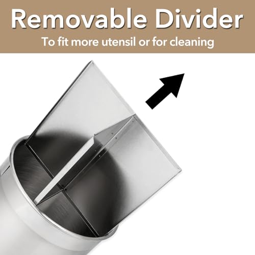 Hillbond 7.5x6.9 Inch EXTRA LARGE Utensil Holder for Countertop, Stainless Steel Rotating Organizer with Removable Divider, Space-Saving for Large Kitchen Utensils Set & Spacious Kitchens - My Kitchen Products