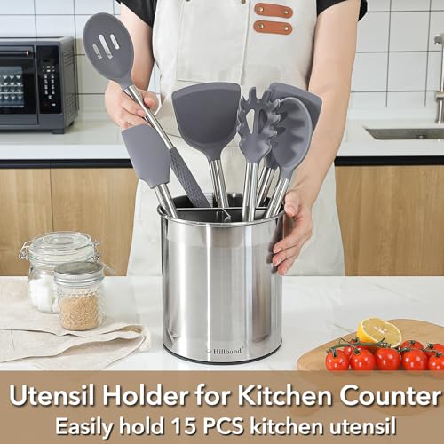 Hillbond 7.5x6.9 Inch EXTRA LARGE Utensil Holder for Countertop, Stainless Steel Rotating Organizer with Removable Divider, Space-Saving for Large Kitchen Utensils Set & Spacious Kitchens - My Kitchen Products