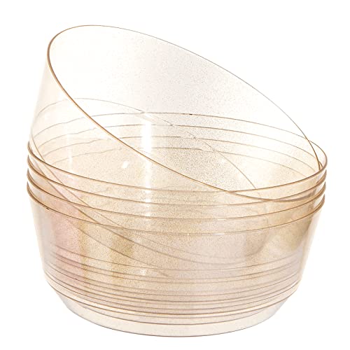 Hioasis 8 Pack Plastic Serving Bowls 128oz Gold Glitter Plastic Bowls Heavy Duty Disposable Serving Bowls for Party Snack &