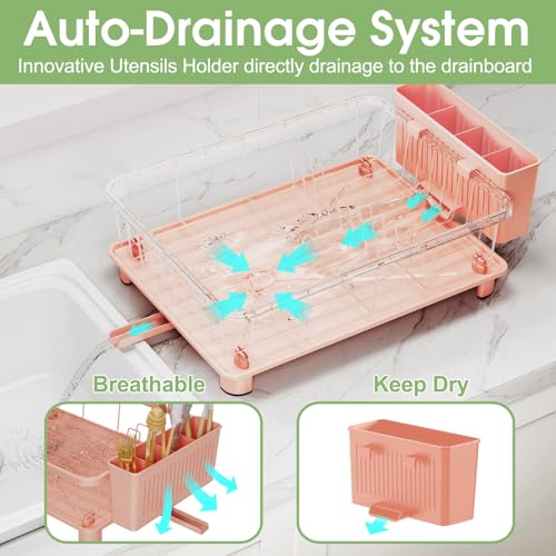Hiviweer Pink Dish Drying Rack - Space-Saving Dish Rack,Dish Racks for Kitchen Counter with Drainboard, Birthday Christmas Day Mothers Day Thanksgiving Gifts for Mom Grandma Wife Kitchen Enthusiasts - My Kitchen Products