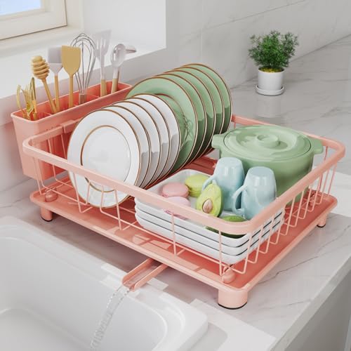 Hiviweer Pink Dish Drying Rack - Space-Saving Dish Rack,Dish Racks for Kitchen Counter with Drainboard, Birthday Christmas Day Mothers Day Thanksgiving Gifts for Mom Grandma Wife Kitchen Enthusiasts - My Kitchen Products