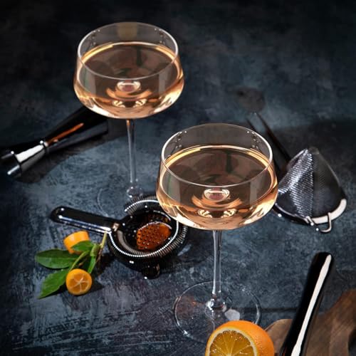 Hlukana Hand Blown Martini Glasses Set of 4, 8 oz Coupe Glass, Premium Crystal Cocktail Glassess, Champagne Glass, Handblown Drinkware Set, Perfect for Bar, Cocktails, Martinis, Margaritas, Parties - My Kitchen Products