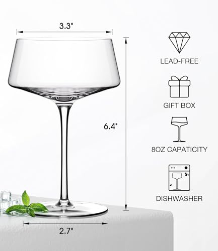 Hlukana Hand Blown Martini Glasses Set of 4, 8 oz Coupe Glass, Premium Crystal Cocktail Glassess, Champagne Glass, Handblown Drinkware Set, Perfect for Bar, Cocktails, Martinis, Margaritas, Parties - My Kitchen Products
