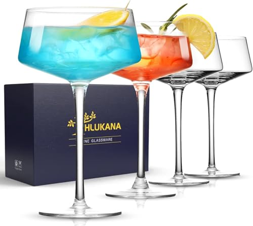 Hlukana Hand Blown Martini Glasses Set of 4, 8 oz Coupe Glass, Premium Crystal Cocktail Glassess, Champagne