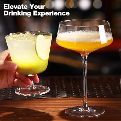 Hlukana Hand Blown Martini Glasses Set of 4, 8 oz Coupe Glass, Premium Crystal Cocktail Glassess, Champagne Glass, Handblown Drinkware Set, Perfect for Bar, Cocktails, Martinis, Margaritas, Parties - My Kitchen Products