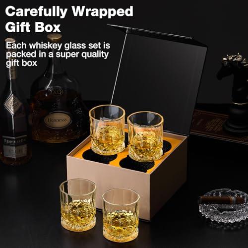 Hlukana Luxury Box Old Fashioned Whiskey Glasses Set of 4, 11 OZ Cocktail Glasses, Bourbon Rocks Scotch Glasses, Barware for Scotch Rum Vodka Liquor, Gifts for Men Father Grandfather Boss - My Kitchen Products