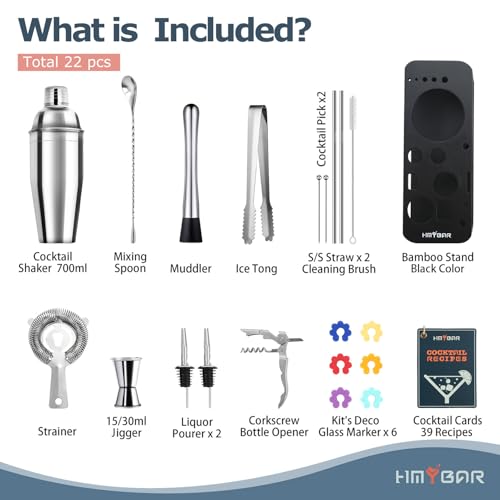 HMYBAR® 22-Piece Cocktail Shaker Set, Mixology Bartender Kit with 24oz Cobbler Shaker, Home Bar Tool Set with Black Bamboo Stand, 39 Recipe Cards, Glass Markers, Gift for Men & Dad - My Kitchen Products