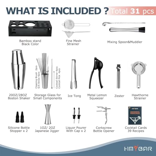 HMYBAR® Bartender Kit with Black Bamboo Stand, 31-Piece Cocktail Shaker Set, 20/28 oz Boston Shaker Set for Home Bar, Mixology Bar Tool Set with 39 Recipe Cards - My Kitchen Products
