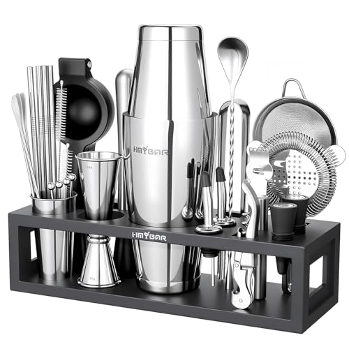 HMYBAR Bartender Kit with Black Bamboo Stand, 31-Piece Cocktail Shaker Set, 20/28 oz Boston Shaker Set for Home