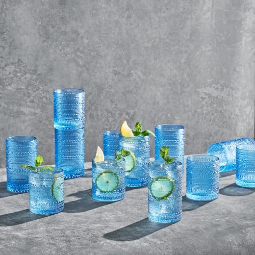 Hobnail Beaded Highball Drinking Tumbler Glasses | Set of 12 | Color, Vintage Bubble Design Whiskey Glassware, Old-Fashioned, Embossed Design for Water, Wine, Cocktail Embossed Heavy Glas, Rocks Glass - My Kitchen Products