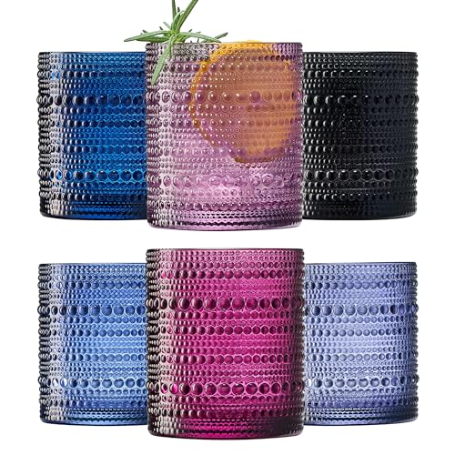 Hobnail Beaded Highball Drinking Tumbler Glasses, Set of 6, Color, Vintage Bubble Design Whiskey Glassware, Old-Fashioned