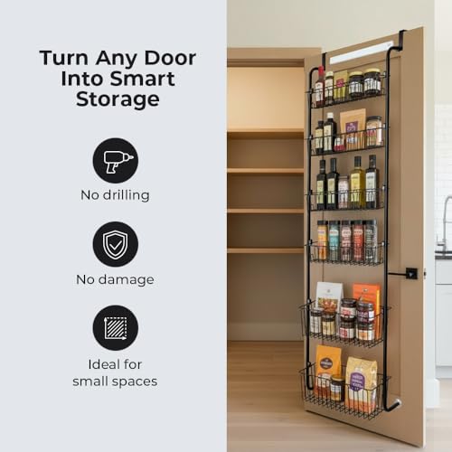 HOKOSFOKOS Over Door Organizer Storage - 6 Tier Black Metal Over the Door Pantry Organizer Heavy Duty Hanging Storage Rack, Behind Cabinet Shelves for Home, Kitchen, Bathroom, Closet, Pantry - My Kitchen Products