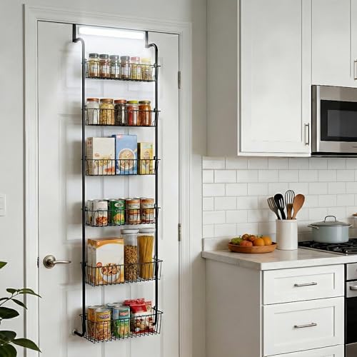 HOKOSFOKOS Over Door Organizer Storage, 6 Tier Black Metal Over the Door Pantry Organizer Heavy Duty Hanging Storage