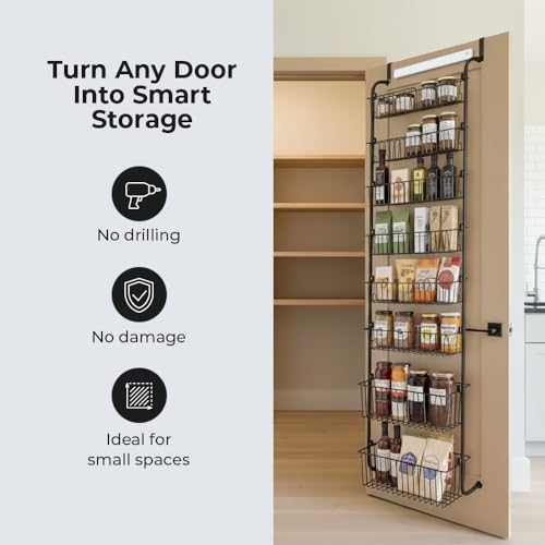 HOKOSFOKOS Over Door Organizer Storage - 8 Tier Black Metal Over the Door Pantry Organizer Heavy Duty Hanging Storage Rack, Behind Cabinet Shelves for Home, Kitchen, Bathroom, Closet, Pantry. - My Kitchen Products