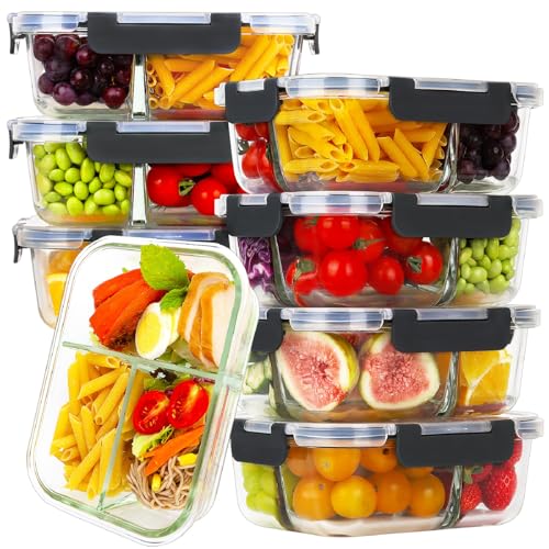 HOMBERKING 8 Pack Glass Meal Prep Containers 3 Compartment, 36oz Glass Food Storage Containers with Lids, Airtight Lunch Bento Boxes, BPA-Free & Leak Proof (8 lids & 8 Container) - Black - My Kitchen Products