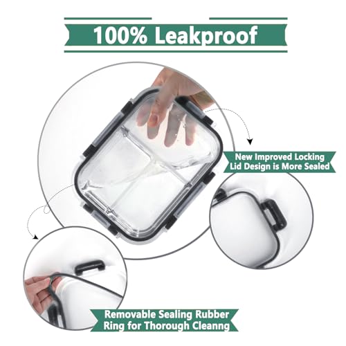HOMBERKING 8 Pack Glass Meal Prep Containers 3 Compartment, 36oz Glass Food Storage Containers with Lids, Airtight Lunch Bento Boxes, BPA-Free & Leak Proof (8 lids & 8 Container) - Black - My Kitchen Products