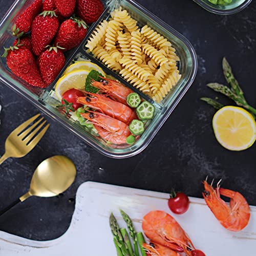 HOMBERKING 8 Pack Glass Meal Prep Containers 3 Compartment, 36oz Glass Food Storage Containers with Lids, Airtight Lunch Bento Boxes, BPA-Free & Leak Proof (8 lids & 8 Container) - Black - My Kitchen Products