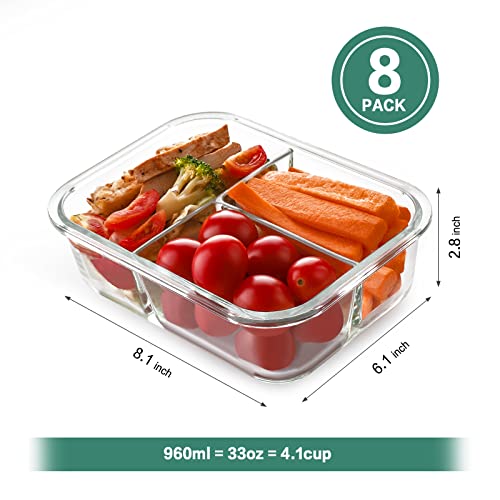 HOMBERKING 8 Pack Glass Meal Prep Containers 3 Compartment, 36oz Glass Food Storage Containers with Lids, Airtight Lunch Bento Boxes, BPA-Free & Leak Proof (8 lids & 8 Container) - Black - My Kitchen Products