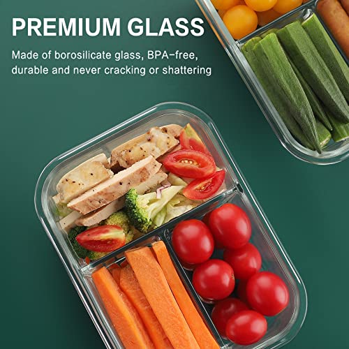 HOMBERKING 8 Pack Glass Meal Prep Containers 3 Compartment, 36oz Glass Food Storage Containers with Lids, Airtight Lunch Bento Boxes, BPA-Free & Leak Proof (8 lids & 8 Container) - Black - My Kitchen Products