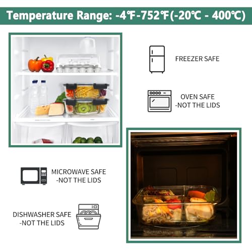 HOMBERKING 8 Pack Glass Meal Prep Containers 3 Compartment, 36oz Glass Food Storage Containers with Lids, Airtight Lunch Bento Boxes, BPA-Free & Leak Proof (8 lids & 8 Container) - Black - My Kitchen Products