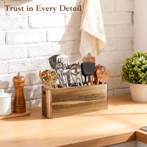 Homcookit Utensil Holder for Kitchen Countertop, Extra Large Acacia Wood Organizer, 4-Compartment Storage for Cooking Tools, Farmhouse-Style Cutlery Holder - My Kitchen Products