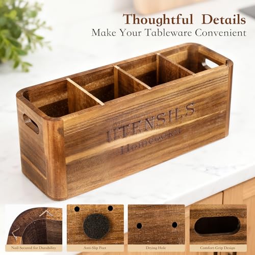 Homcookit Utensil Holder for Kitchen Countertop, Extra Large Acacia Wood Organizer, 4-Compartment Storage for Cooking Tools, Farmhouse-Style Cutlery Holder - My Kitchen Products
