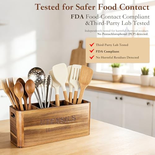 Homcookit Utensil Holder for Kitchen Countertop, Extra Large Acacia Wood Organizer, 4-Compartment Storage for Cooking Tools, Farmhouse-Style Cutlery Holder - My Kitchen Products