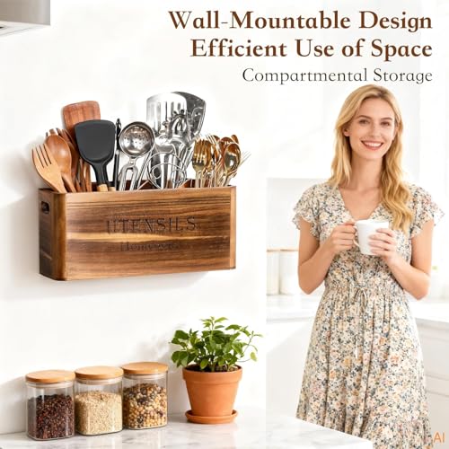 Homcookit Utensil Holder for Kitchen Countertop, Extra Large Acacia Wood Organizer, 4-Compartment Storage for Cooking Tools, Farmhouse-Style Cutlery Holder - My Kitchen Products