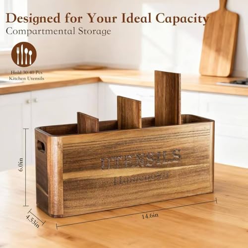 Homcookit Utensil Holder for Kitchen Countertop, Extra Large Acacia Wood Organizer, 4-Compartment Storage for Cooking Tools, Farmhouse-Style Cutlery Holder - My Kitchen Products