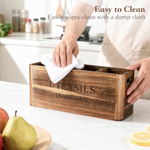 Homcookit Utensil Holder for Kitchen Countertop, Extra Large Acacia Wood Organizer, 4-Compartment Storage for Cooking Tools, Farmhouse-Style Cutlery Holder - My Kitchen Products