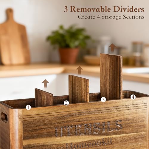 Homcookit Utensil Holder for Kitchen Countertop, Extra Large Acacia Wood Organizer, 4-Compartment Storage for Cooking Tools, Farmhouse-Style Cutlery Holder - My Kitchen Products