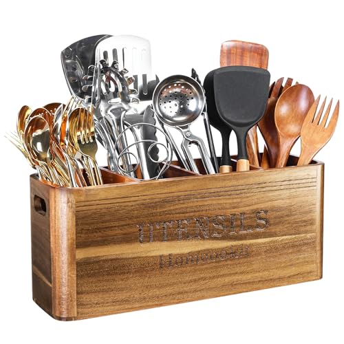 Homcookit Utensil Holder for Kitchen Countertop, Extra Large Acacia Wood Organizer, 4-Compartment Storage for Cooking