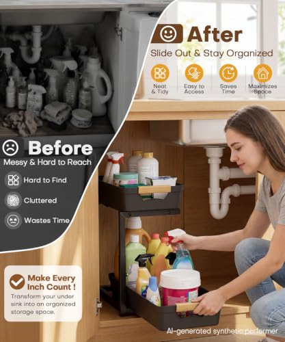 Homde Sliding Under Sink Organizer: 2 Pack 2-Tier Cabinet Shelf with Upper & Lower Pull-Out Baskets - C-Shaped 3 Adjustable Heights for Kitchen Bathroom - My Kitchen Products