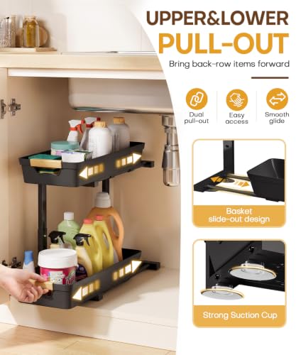 Homde Sliding Under Sink Organizer: 2 Pack 2-Tier Cabinet Shelf with Upper & Lower Pull-Out Baskets - C-Shaped 3 Adjustable Heights for Kitchen Bathroom - My Kitchen Products
