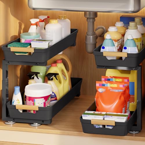 Homde Sliding Under Sink Organizer: 2 Pack 2-Tier Cabinet Shelf with Upper & Lower Pull-Out