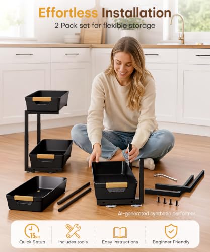 Homde Sliding Under Sink Organizer: 2 Pack 2-Tier Cabinet Shelf with Upper & Lower Pull-Out Baskets - C-Shaped 3 Adjustable Heights for Kitchen Bathroom - My Kitchen Products