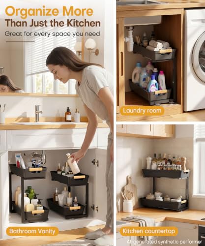 Homde Sliding Under Sink Organizer: 2 Pack 2-Tier Cabinet Shelf with Upper & Lower Pull-Out Baskets - C-Shaped 3 Adjustable Heights for Kitchen Bathroom - My Kitchen Products